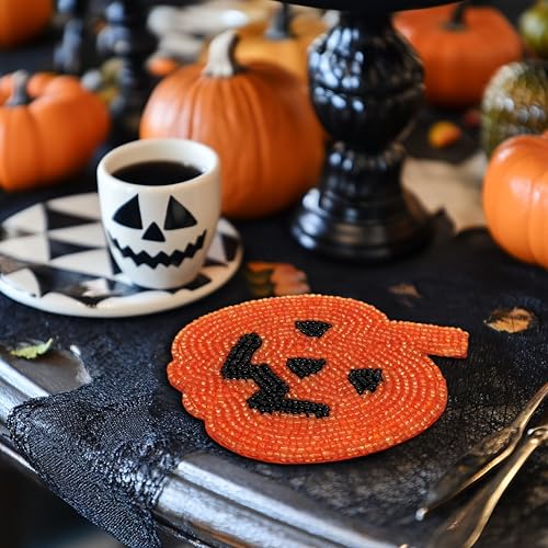 COTTON CRAFT Halloween Harvest Pumpkin Beaded Coaster - Set of 4 Handmade Bar Drink Tabletop Protection Coasters - Autumn Fall T